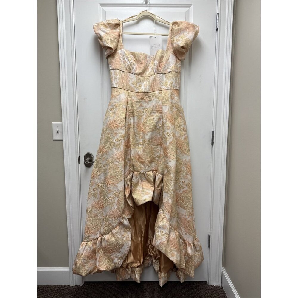 MAC DUGGAL Size 14 Peach Floral Brocade 68276 Puff Sleeve High Low Gown Dress - Picture 4 of 10